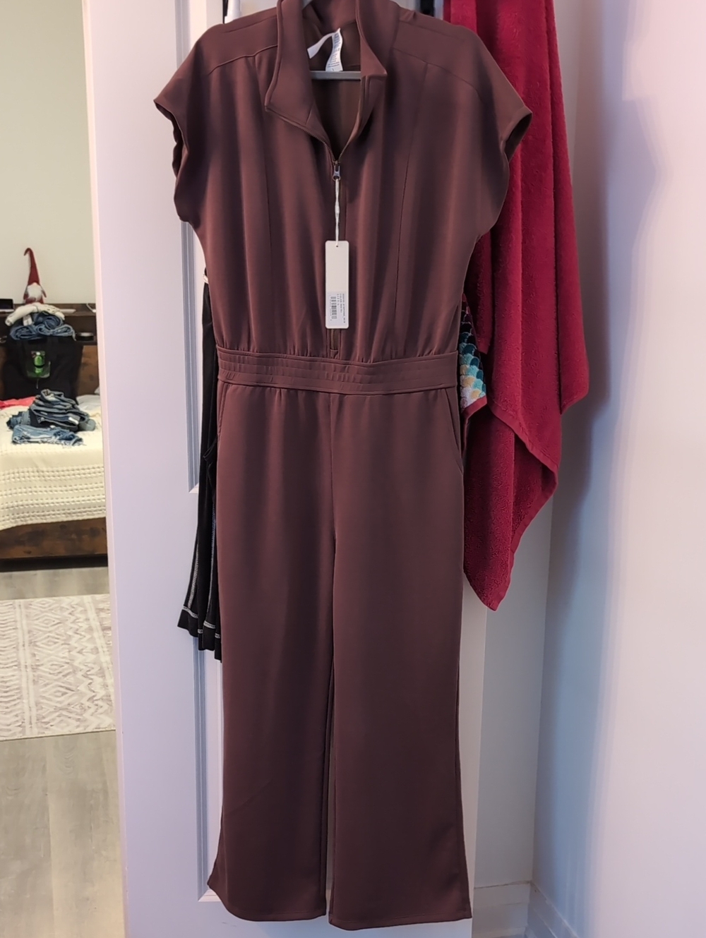 Yelete Brown Short-Sleeve Zip-Front Jumpsuit